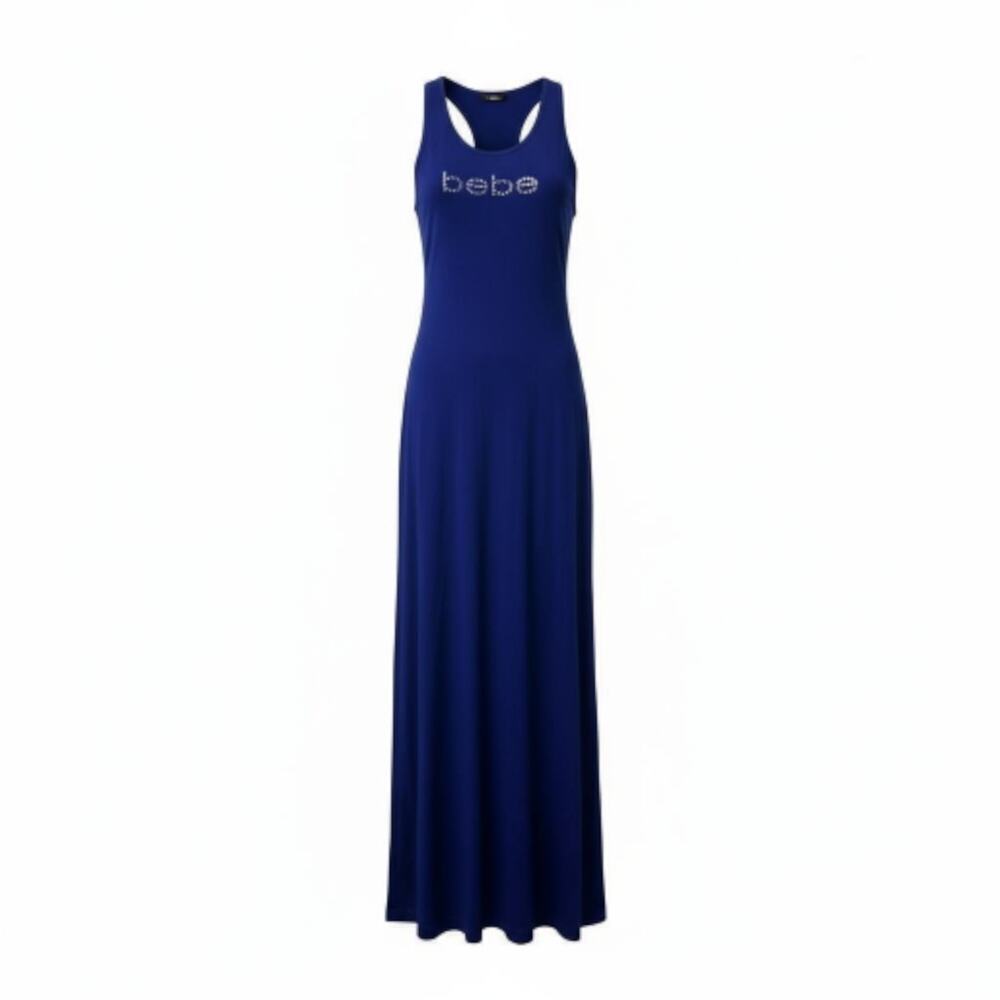 BEBE WOMEN'S SWAROVSKI CRYSTAL RHINESTONE LOGO BLUE DRESS SIZE STRETCHY S NWT